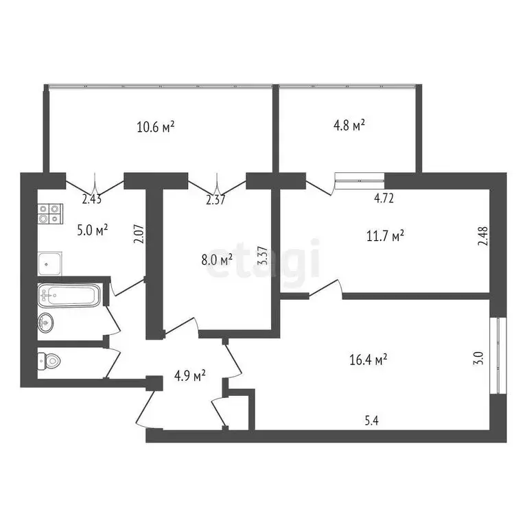 3-комнатная квартира: Ялта, улица Горького, 5 (70 м) - Фото 1