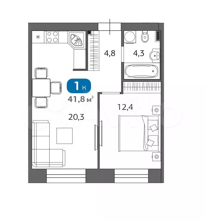 1-к. квартира, 42 м, 2/6 эт. - Фото 1