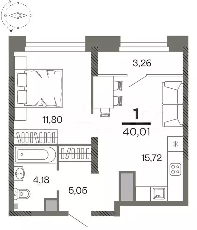 1-к. квартира, 40 м, 15/26 эт. - Фото 1