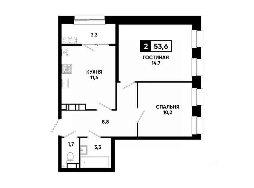 2-к кв. Ставропольский край, Ставрополь ул. Андрея Голуба, 12к8 (53.6 ... - Фото 0