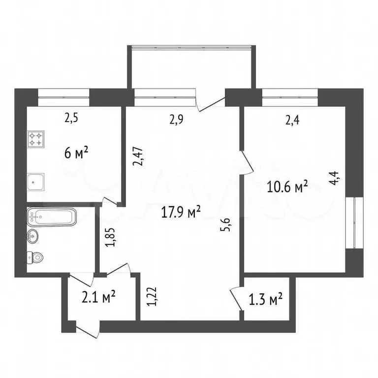 2-к. квартира, 41,6 м, 2/5 эт. - Фото 0