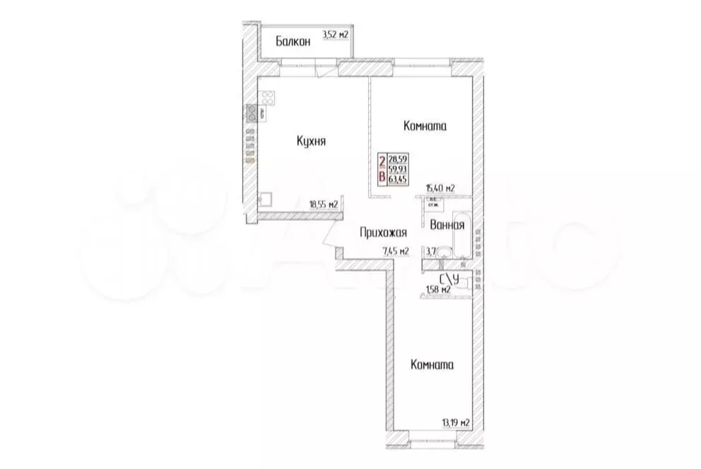 2-к. квартира, 63,5 м, 3/4 эт. - Фото 0