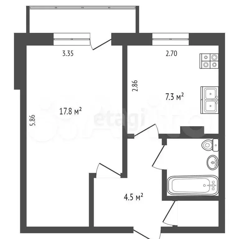 1-к. квартира, 34,1 м, 3/5 эт. - Фото 0