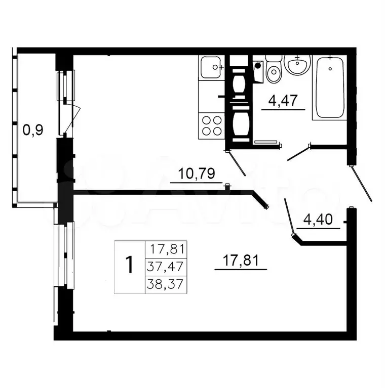 1-к. квартира, 37,5 м, 4/12 эт. - Фото 0