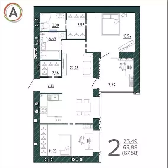 2-к кв. Брянская область, Брянск ул. Ульянова, 24 (67.58 м) - Фото 1