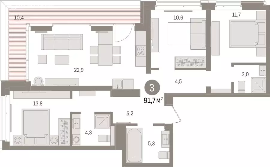3-комнатная квартира: Тюмень, жилой комплекс На Минской (91.74 м) - Фото 1