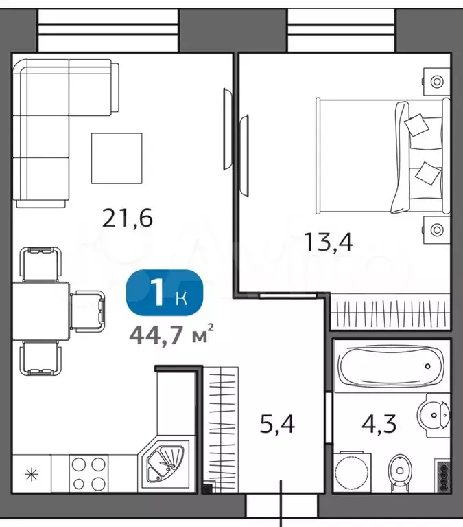 1-к. квартира, 44,7 м, 1/6 эт. - Фото 0