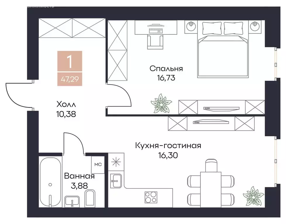 1-комнатная квартира: село Поляны, Новая улица, 2 (47.29 м) - Фото 0