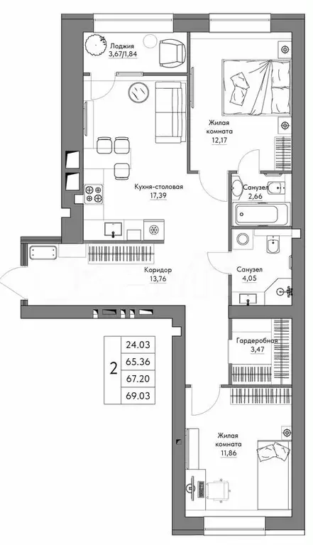 2-к. квартира, 69 м, 4/9 эт. - Фото 0