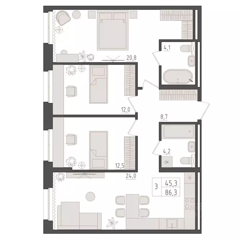 3-к кв. Башкортостан, Уфа 563-й кв-л,  (86.3 м) - Фото 0