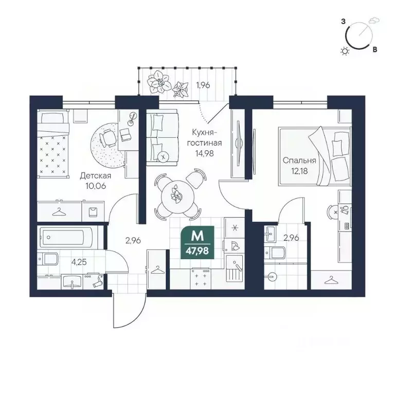2-к кв. Новгородская область, Великий Новгород Медь кв-л,  (47.98 м) - Фото 1