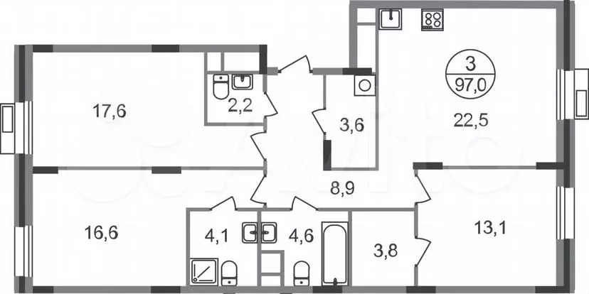 3-к. квартира, 97 м, 6/9 эт. - Фото 0