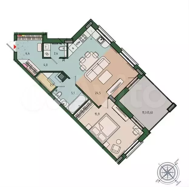 2-к. квартира, 65 м, 6/12 эт. - Фото 1