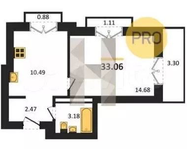 1-к. квартира, 33,1 м, 1/9 эт. - Фото 1