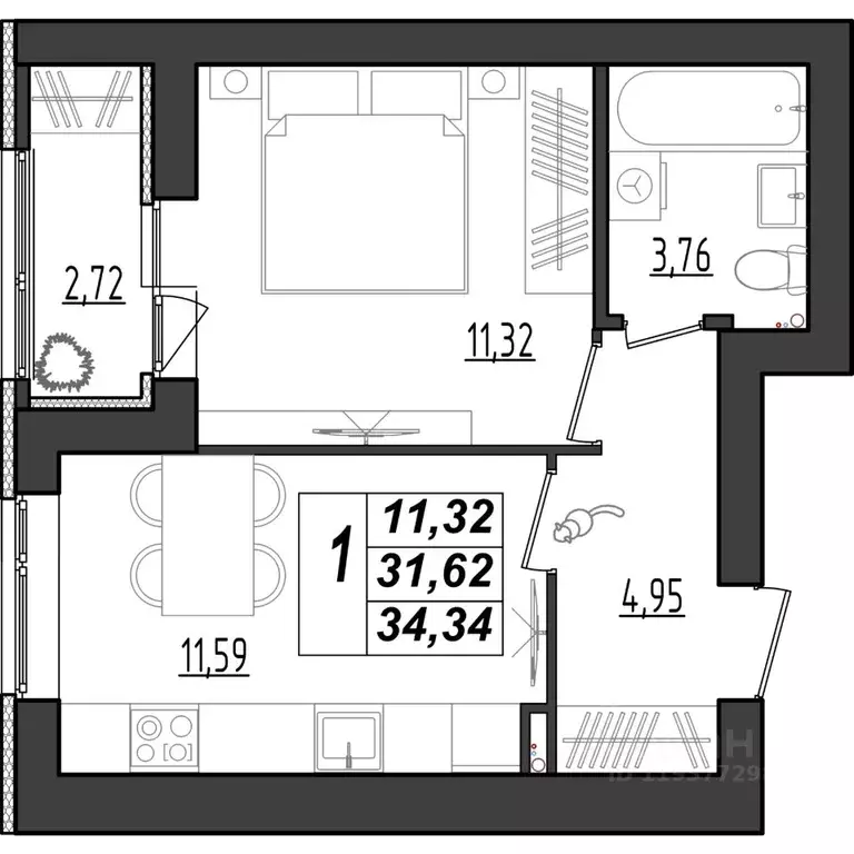 1-к кв. Мордовия, Саранск Химмаш жилрайон, 4-й мкр,  (34.34 м) - Фото 1