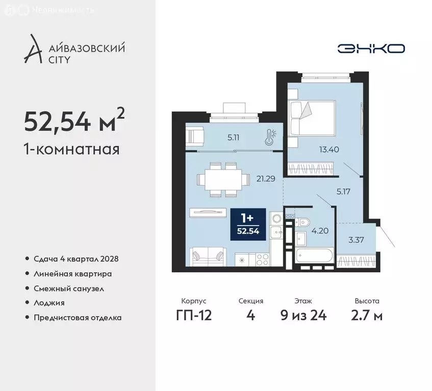 1-комнатная квартира: Тюмень, ЖК Айвазовский Сити (52.54 м) - Фото 1