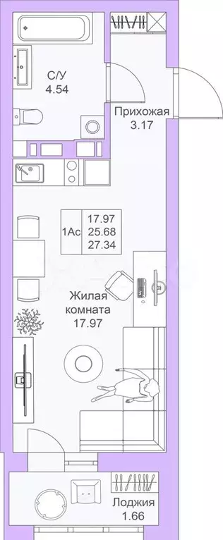 Квартира-студия, 27,3 м, 25/25 эт. - Фото 0