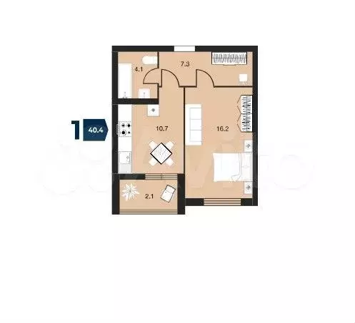 1-к. квартира, 41,9 м, 6/9 эт. - Фото 1