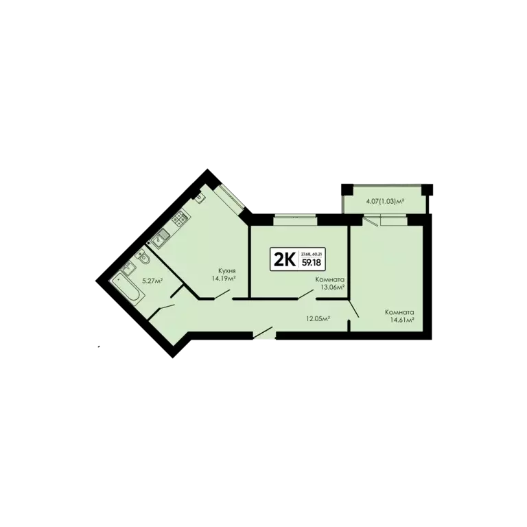 2-к квартира, 59.18 м - Фото 0