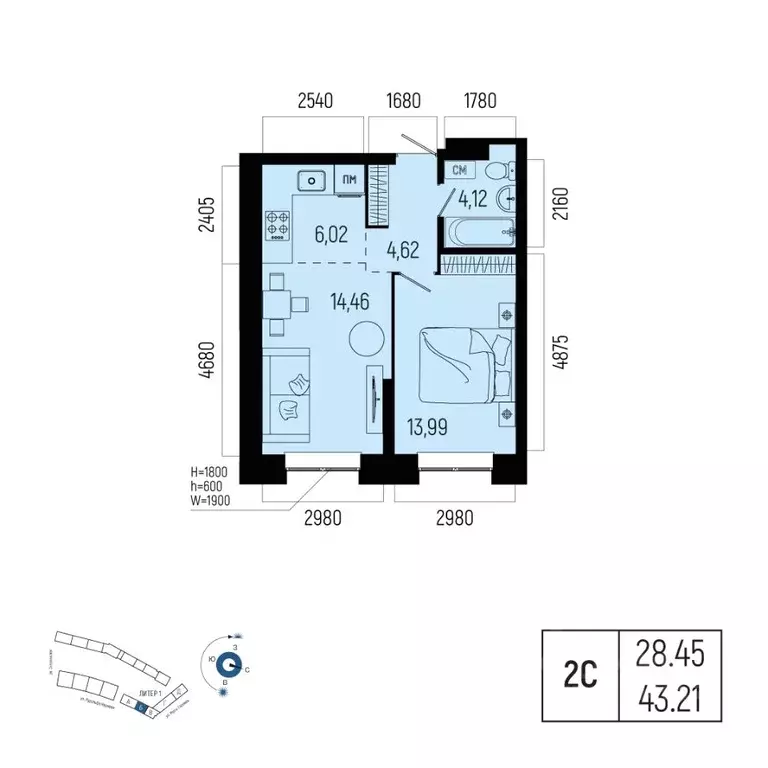 2-к кв. Башкортостан, Уфа Глумилино-1 мкр, Новатор жилой комплекс ... - Фото 1