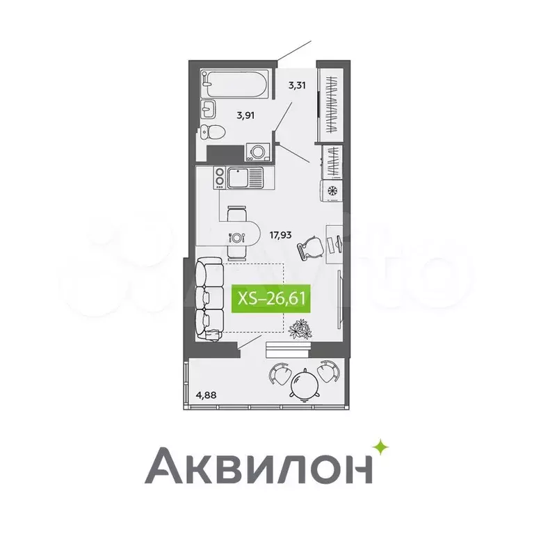 Квартира-студия, 26,6 м, 8/9 эт. - Фото 1