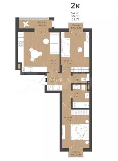 2-к. квартира, 56,9 м, 1/4 эт. - Фото 1