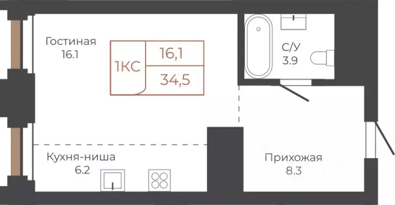 1-к кв. Алтайский край, Барнаул пл. Баварина, 8к2 (34.5 м) - Фото 0