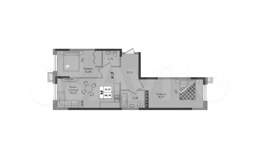 2-к. квартира, 68,2 м, 2/9 эт. - Фото 1