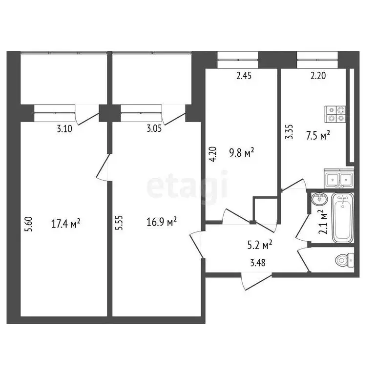 3-комнатная квартира: Кемерово, проспект Ленина, 133 (60.5 м) - Фото 0