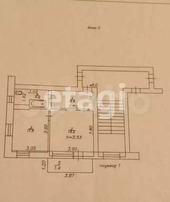 1-к. квартира, 38,5 м, 2/2 эт. - Фото 0