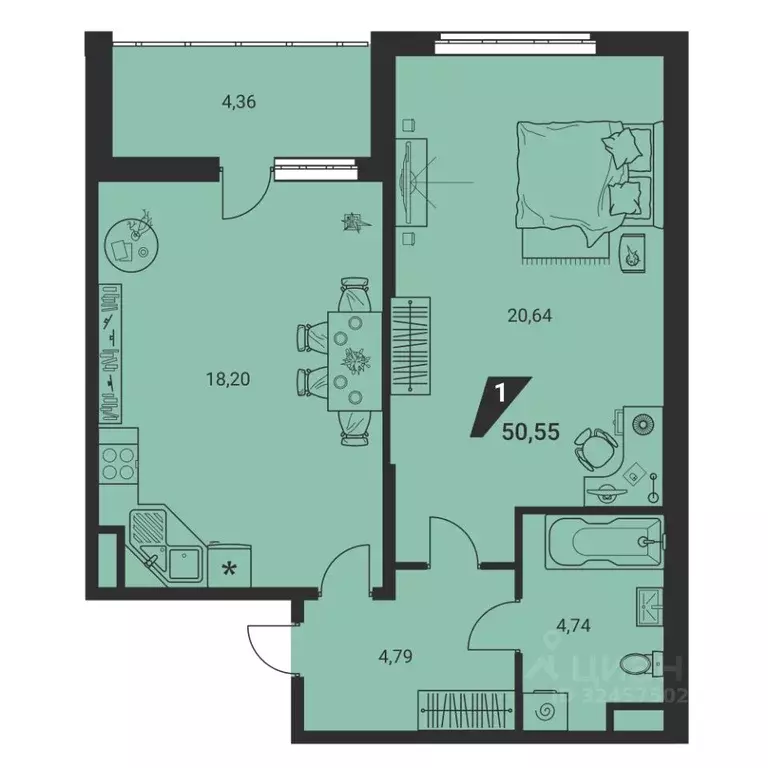 2-к кв. Свердловская область, Екатеринбург ул. Громова, 26/3 (50.55 м) - Фото 1