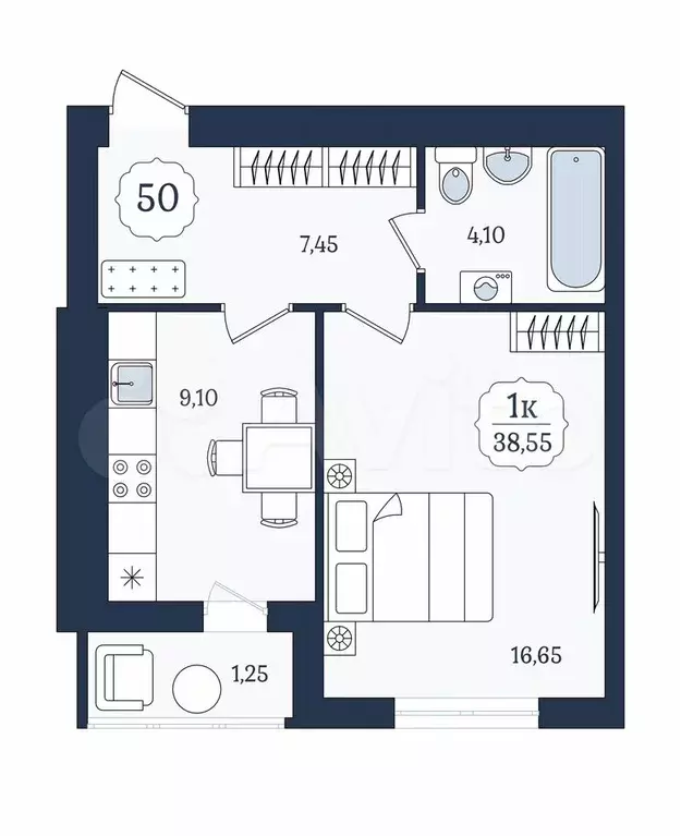 1-к. квартира, 38,6 м, 4/9 эт. - Фото 1