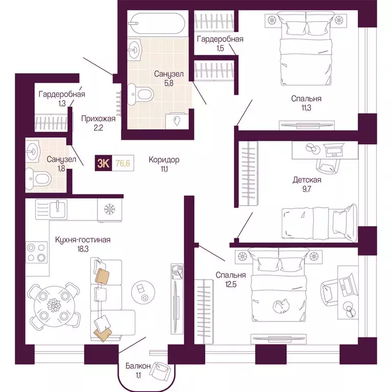3-комнатная квартира: Нижний Новгород, Нижегородский район (75.8 м) - Фото 1