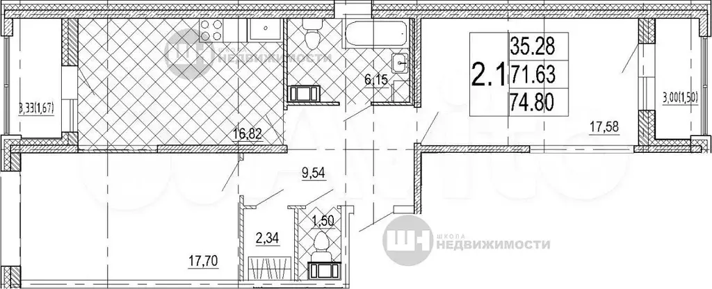 2-к. квартира, 71,6 м, 7/8 эт. - Фото 0