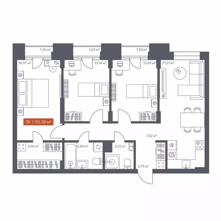 3-комнатная квартира: Томск, Красноармейская улица, 144 (90.38 м) - Фото 1