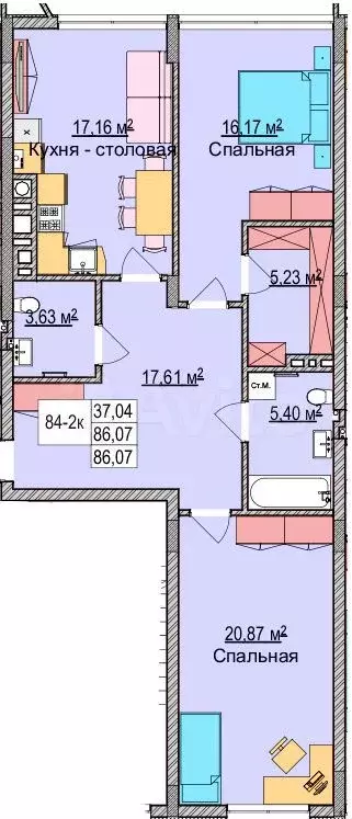 2-к. квартира, 88,6 м, 3/6 эт. - Фото 1