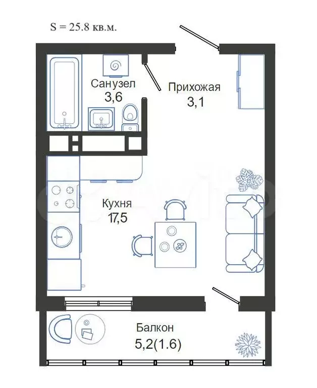 Квартира-студия, 25,8 м, 8/24 эт. - Фото 1