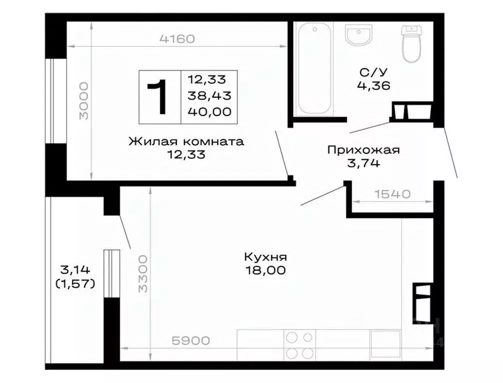 1-к кв. Адыгея, Майкоп Горные Высоты жилой комплекс (40.0 м) - Фото 1