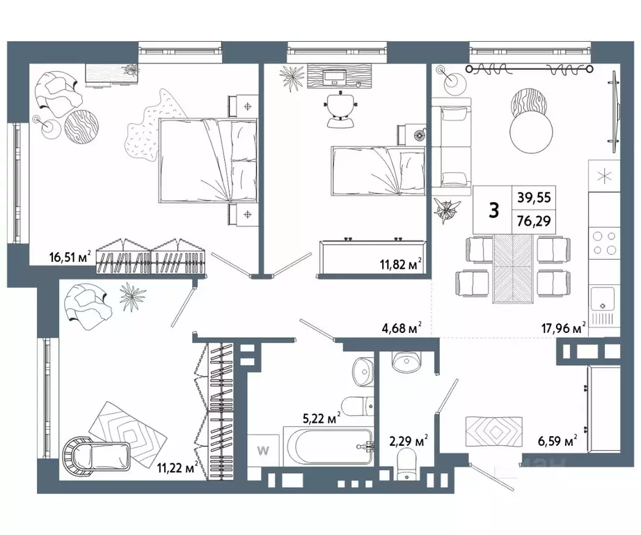 3-к кв. Башкортостан, Уфа 42-й кв-л,  (76.08 м) - Фото 1