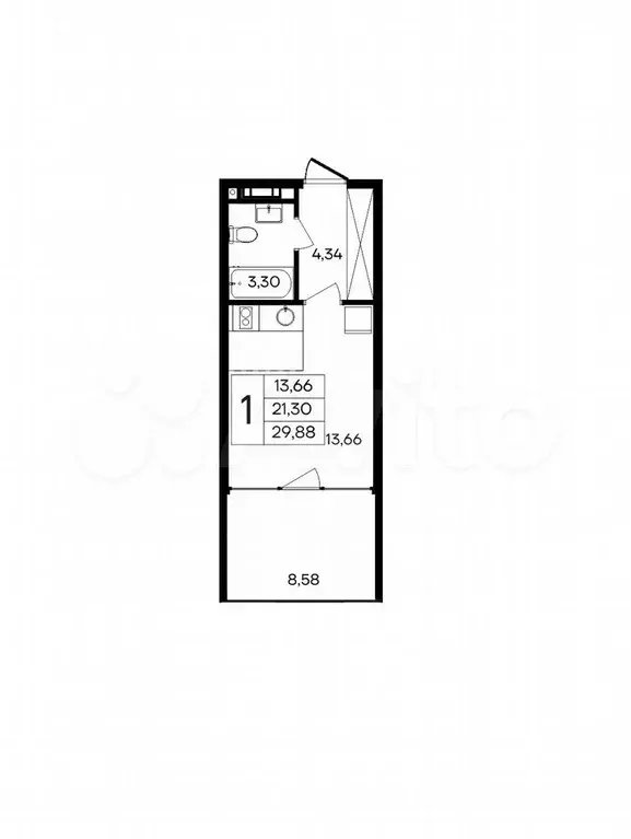 Апартаменты-студия, 29,9 м, 2/8 эт. - Фото 1