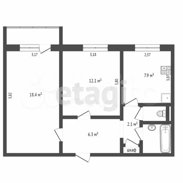 2-к. квартира, 50,8 м, 4/9 эт. - Фото 0
