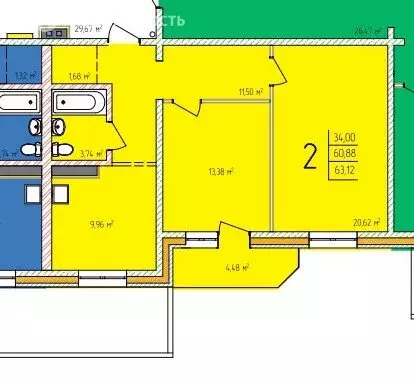 2-комнатная квартира: Улан-Удэ, микрорайон Энергетик, 51 (63.12 м) - Фото 0