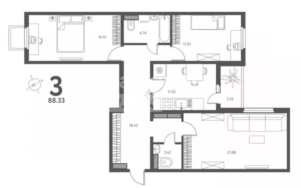 2-комнатная квартира: Липецк, улица Перова, 2Д (88.33 м) - Фото 0
