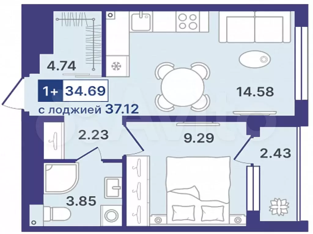 1-к. квартира, 34,7 м, 5/8 эт. - Фото 1