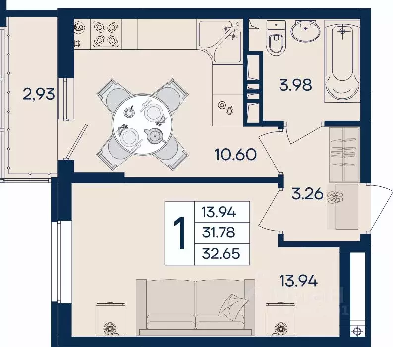1-к кв. Краснодарский край, Краснодар  (32.65 м) - Фото 0