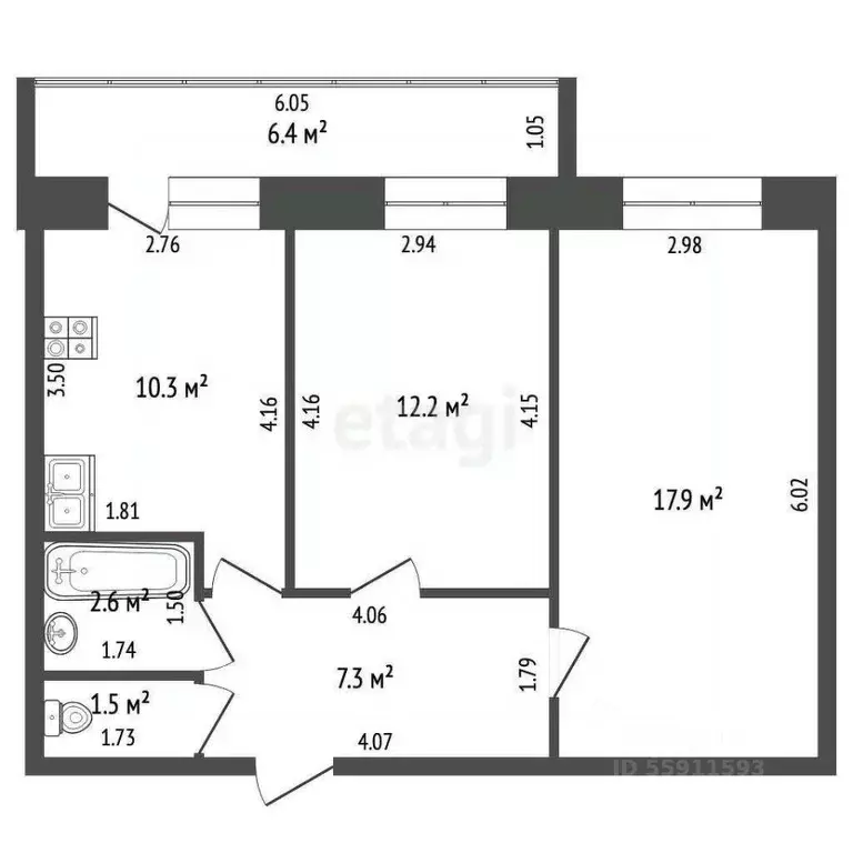 2-к кв. Чувашия, Чебоксары ул. Грасиса, 1к1 (51.8 м) - Фото 2