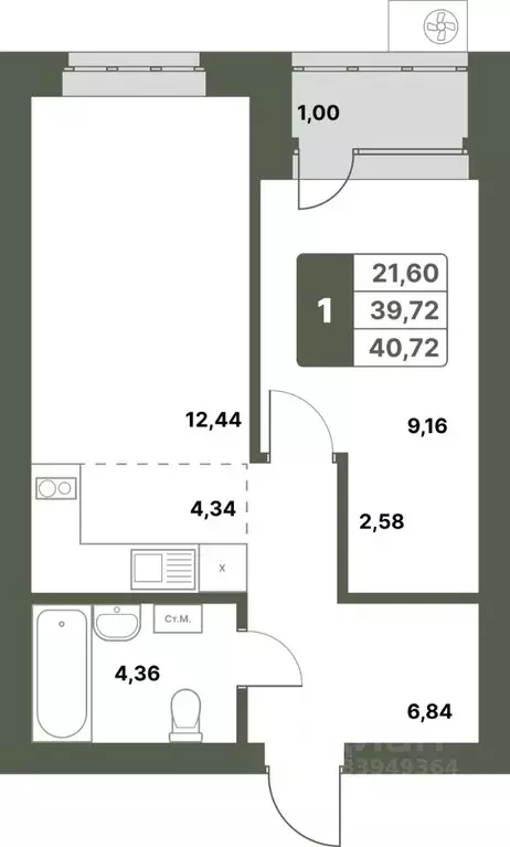 1-к кв. Башкортостан, Уфимский район, с. Миловка  (40.72 м) - Фото 1