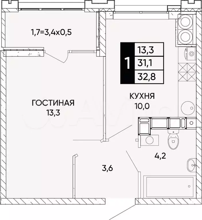 1-к. квартира, 32,8м, 19/24эт. - Фото 0