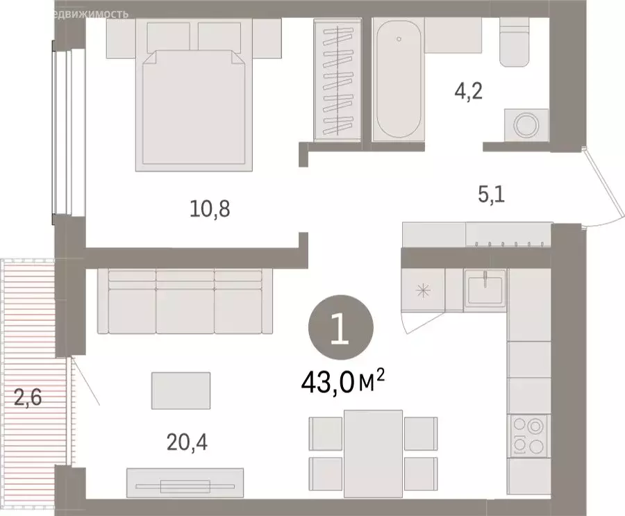 1-комнатная квартира: Новосибирск, улица Аэропорт (42.96 м) - Фото 1