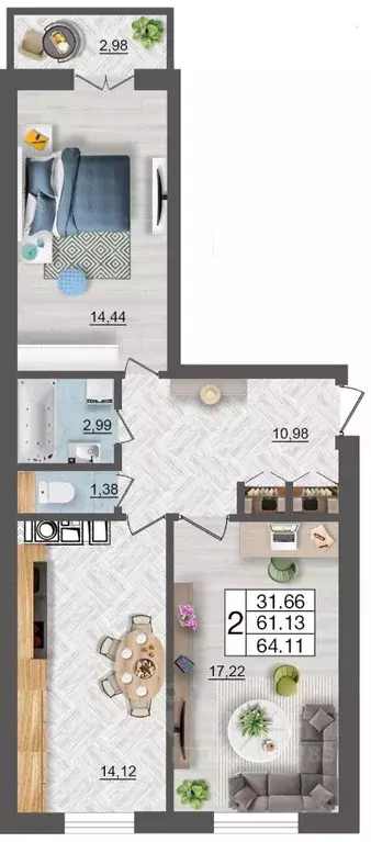 2-к кв. Смоленская область, Смоленск Максимум жилой комплекс (64.11 м) - Фото 1